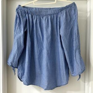 beachlunchlounge Blue & White Seersucker Off-Shoulder Relaxed Blouse, Size L